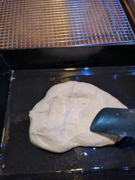 The flat spatula from the mixing phase reappears to maneuver the dough in the pan. The pool of oil from before is now spread out to evenly coat the whole bottom of the pan. The dough is partially flattened, covering only a small portion of the bottom.