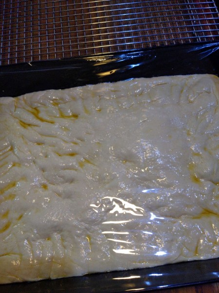 The dough rests in the pan under a cover of plastic wrap. It has risen, but it's hard to tell much difference between this image and the previous one.