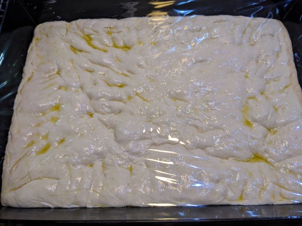 The dough has now risen for two hours. The vestiges of the spatula impressions are still visible at the edges of the pan, but the dough is noticeably puffier, with the olive oil on the surface pooling in nooks and crannies.